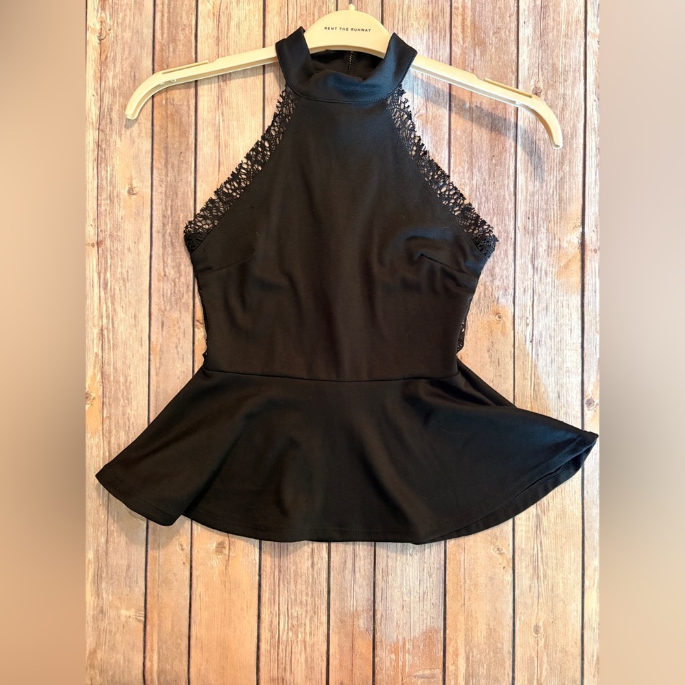 Black Lace-Trim Peplum Halter Top